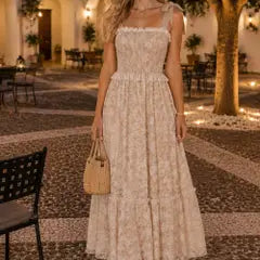 Tie Shoulder Smocked Lace Tiered Midi Dress