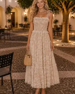 Tie Shoulder Smocked Lace Tiered Midi Dress