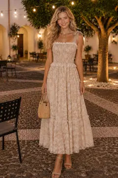 Tie Shoulder Smocked Lace Tiered Midi Dress