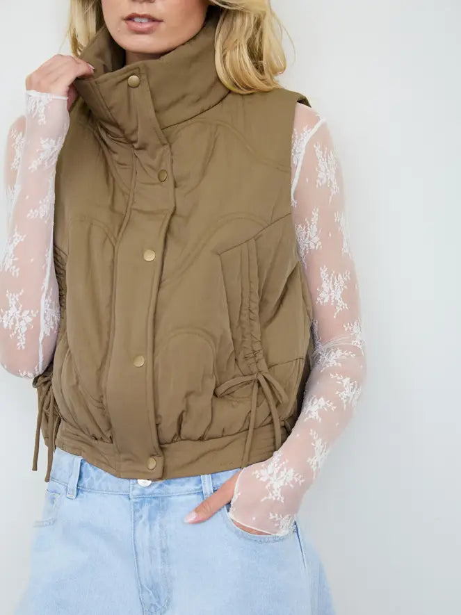 Blu Pepper Wave Quilted Snap-Front Stand Collar Vest - Mocha
