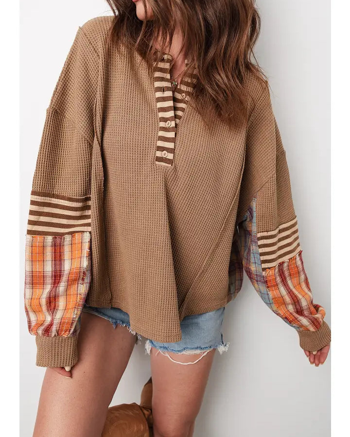 Ldc Plaid Patchwork Henley Knit Top