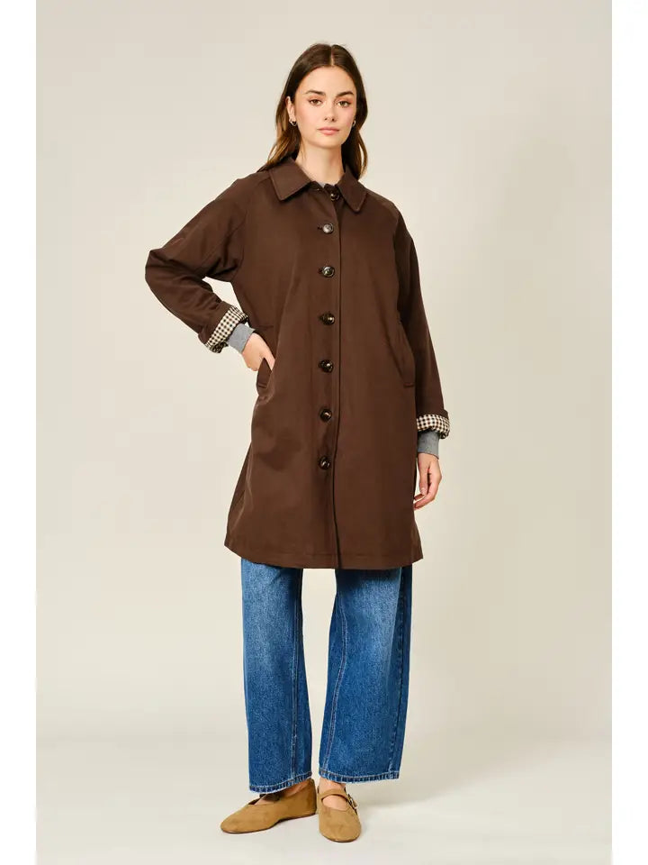 Heritage Canvas Midi Trench Coat with Checked Lining