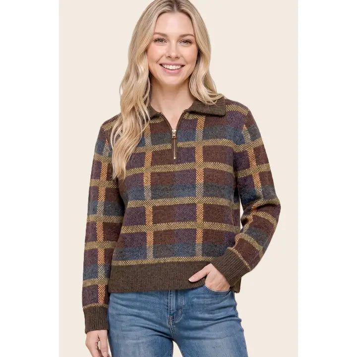 Brown Checker Jacquard Half-Zip Pullover