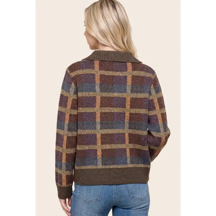 Brown Checker Jacquard Half-Zip Pullover