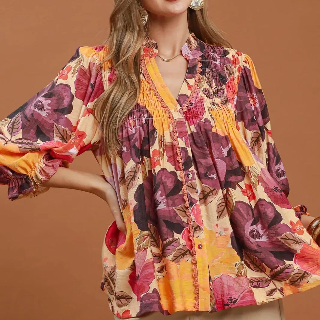 Umgee Boho Mix Floral Smocked Button-Front Blouse