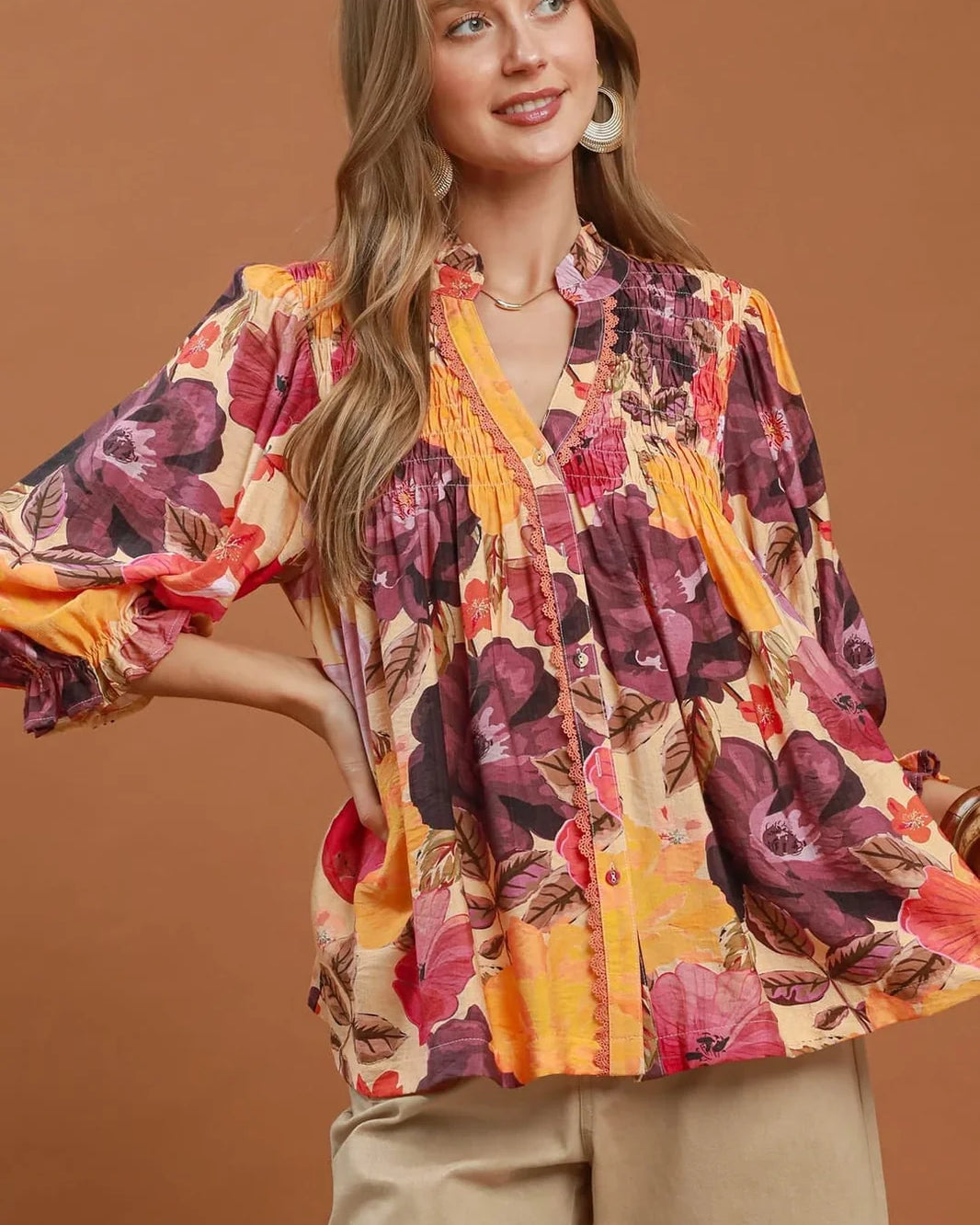 Umgee Boho Mix Floral Smocked Button-Front Blouse