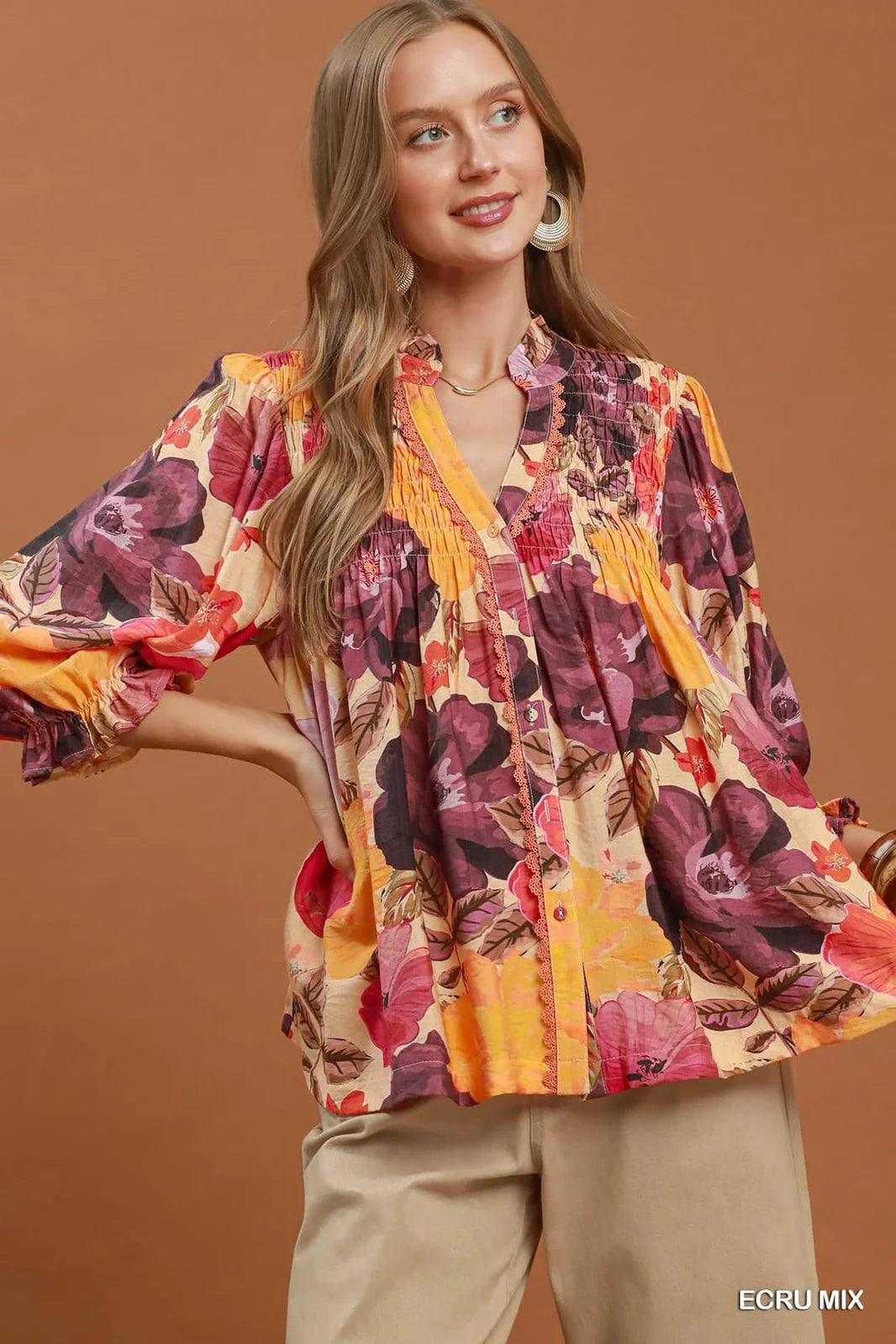 Umgee Boho Mix Floral Smocked Button-Front Blouse