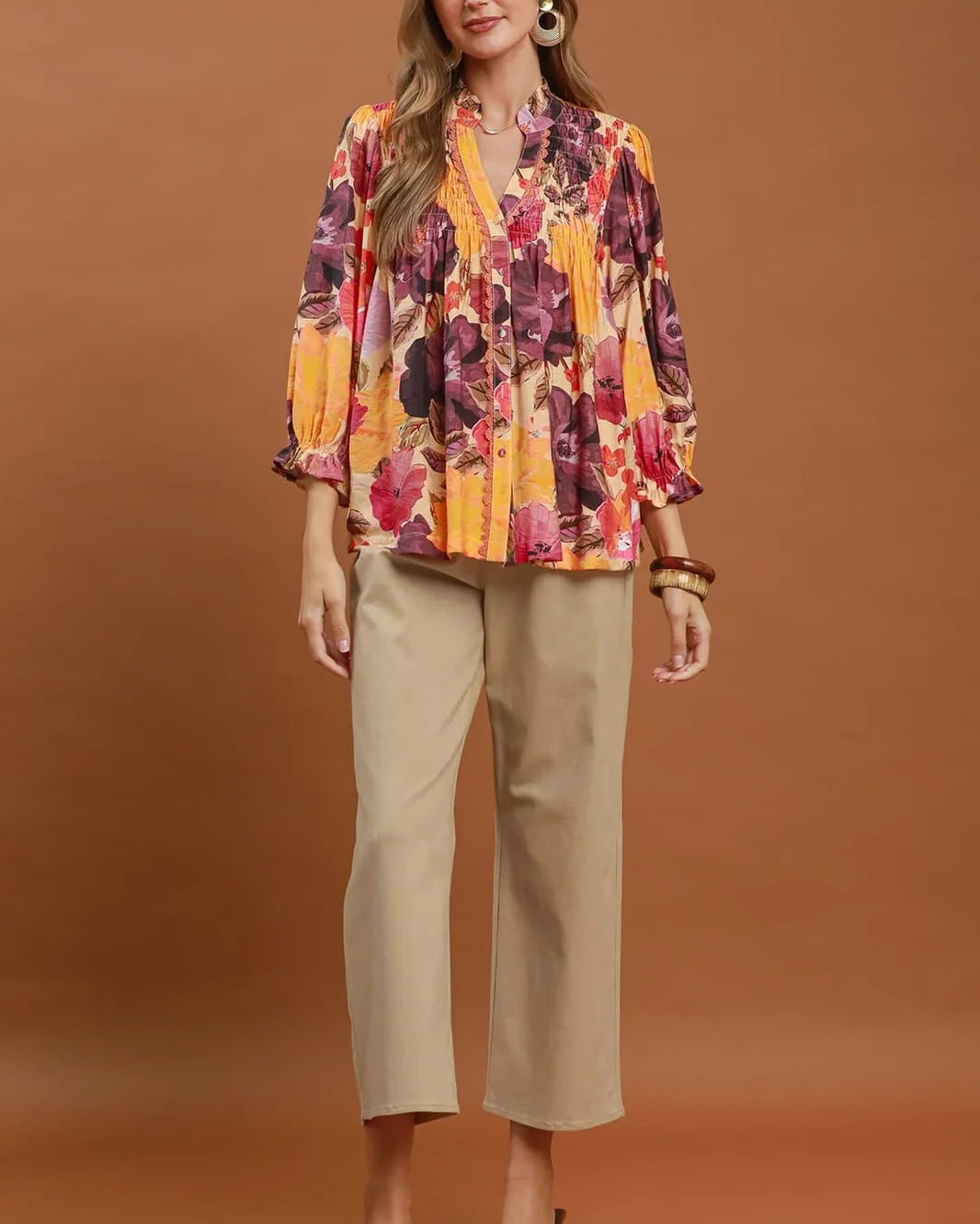 Umgee Boho Mix Floral Smocked Button-Front Blouse