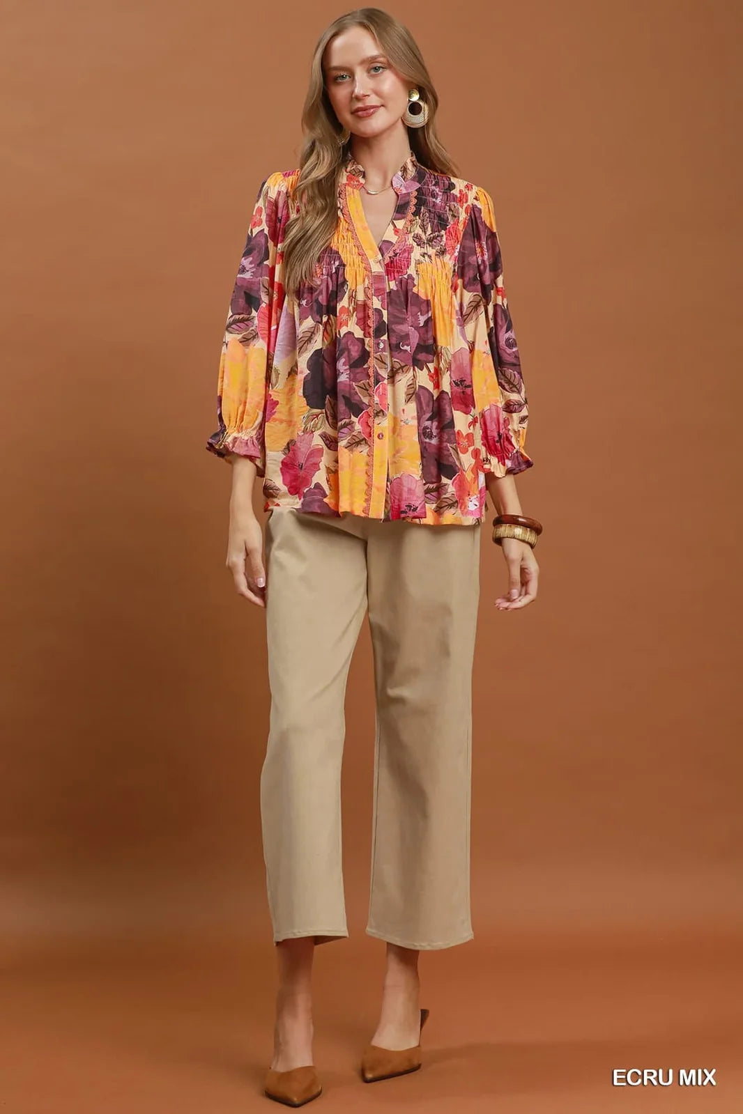 Umgee Boho Mix Floral Smocked Button-Front Blouse
