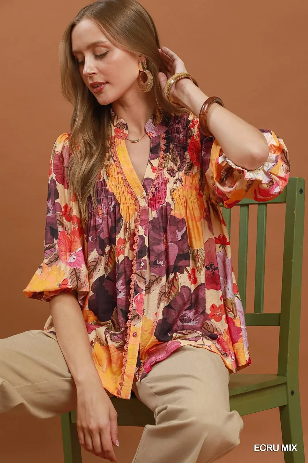 Umgee Boho Mix Floral Smocked Button-Front Blouse