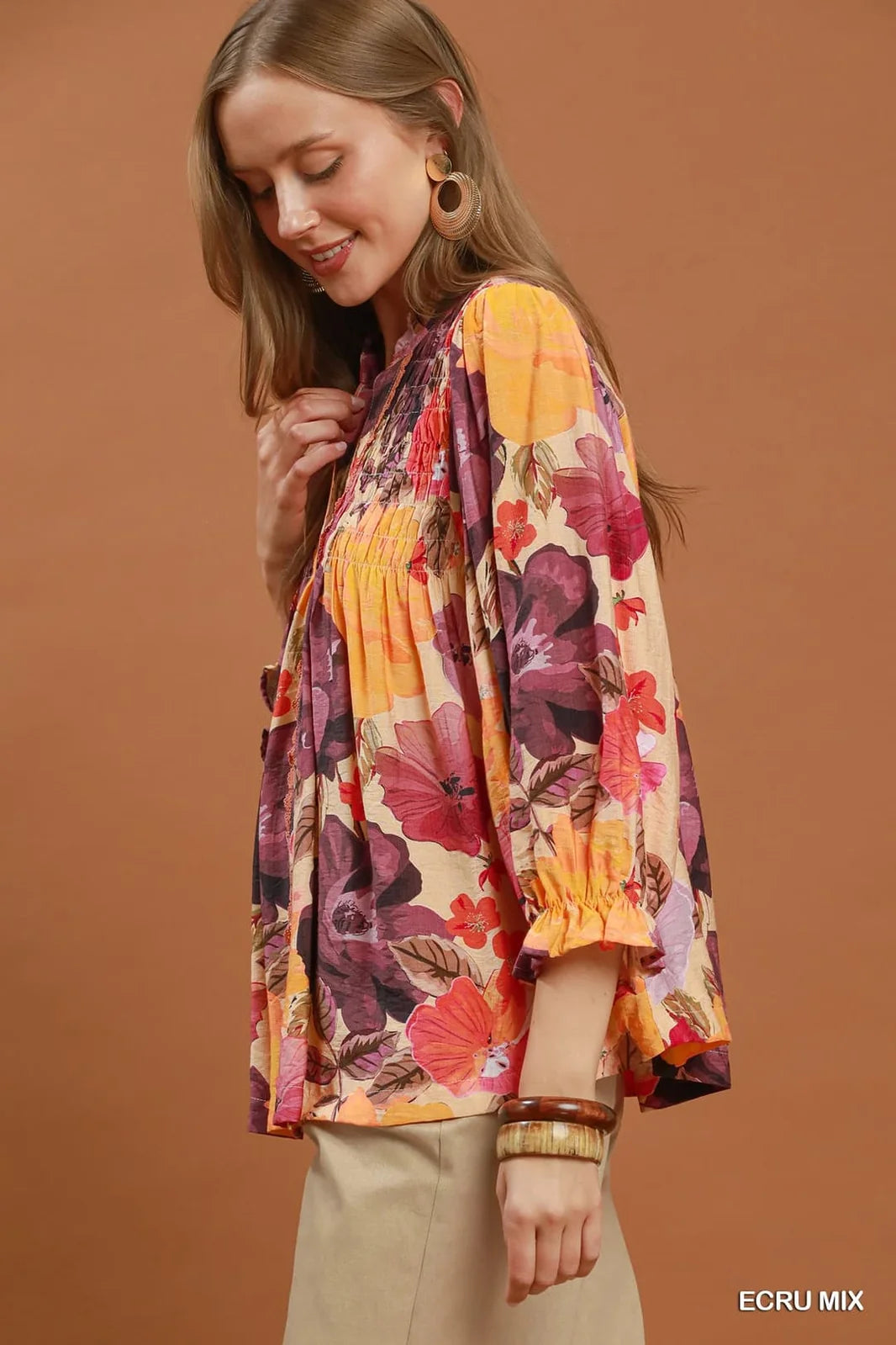 Umgee Boho Mix Floral Smocked Button-Front Blouse