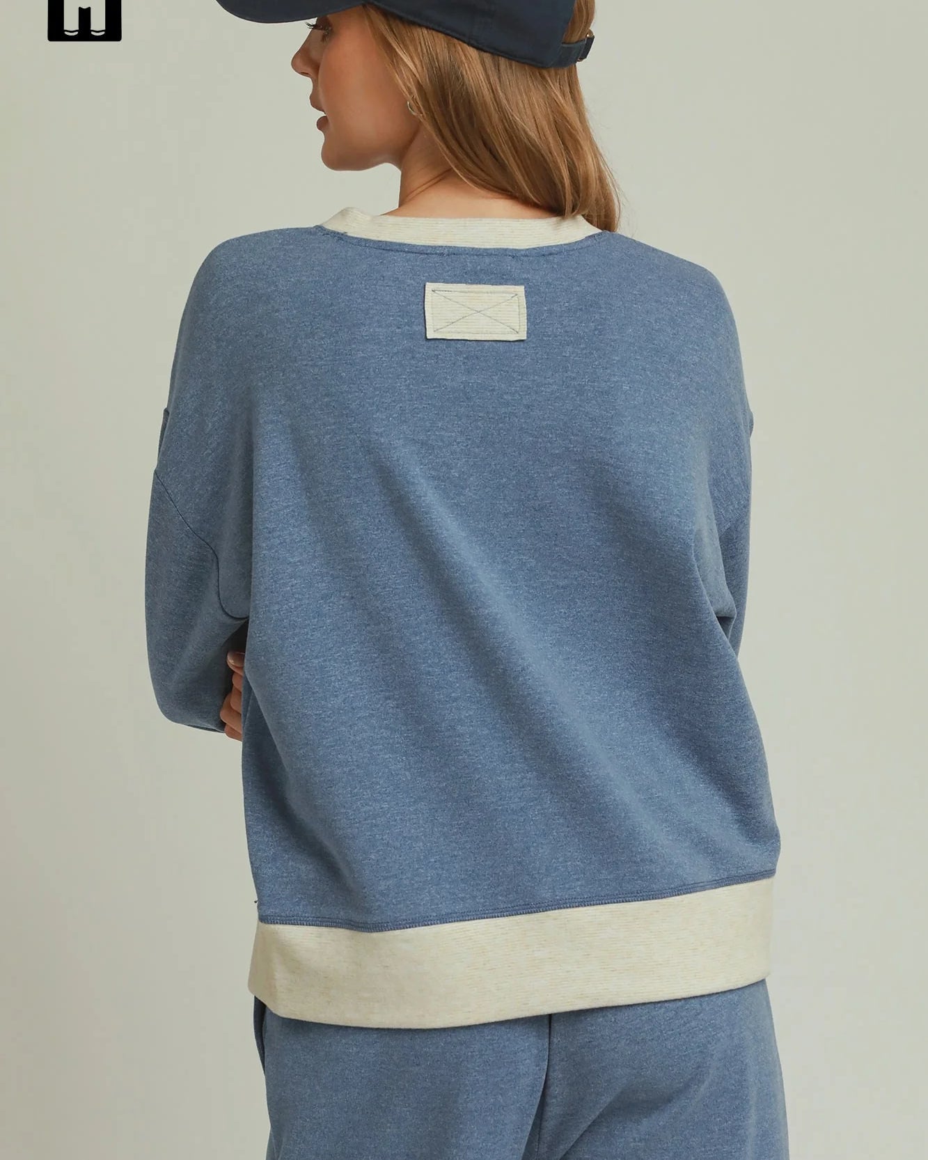 Umgee DreamPlush Fleece Contrast Banded Pullover in Denim