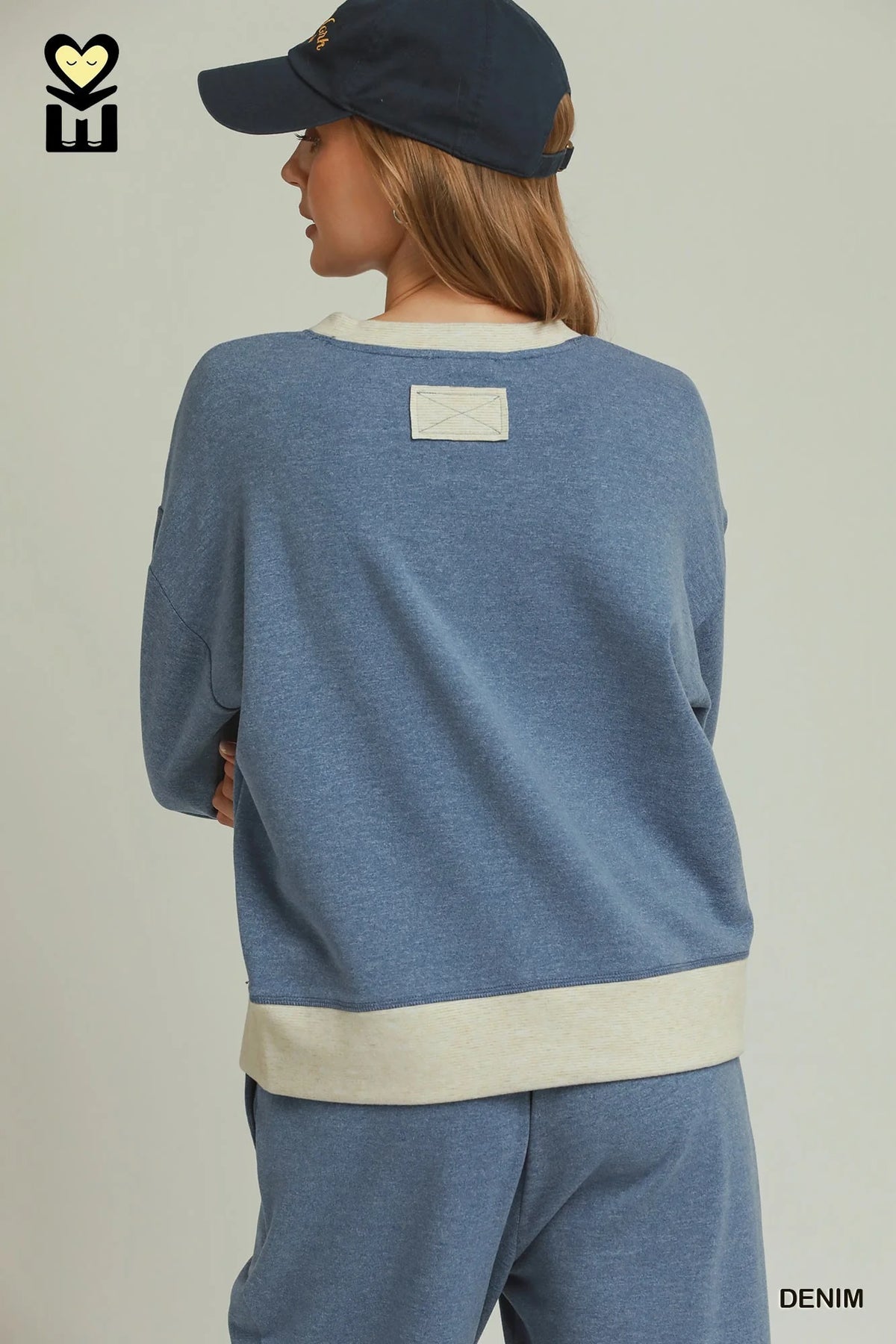Umgee DreamPlush Fleece Contrast Banded Pullover in Denim