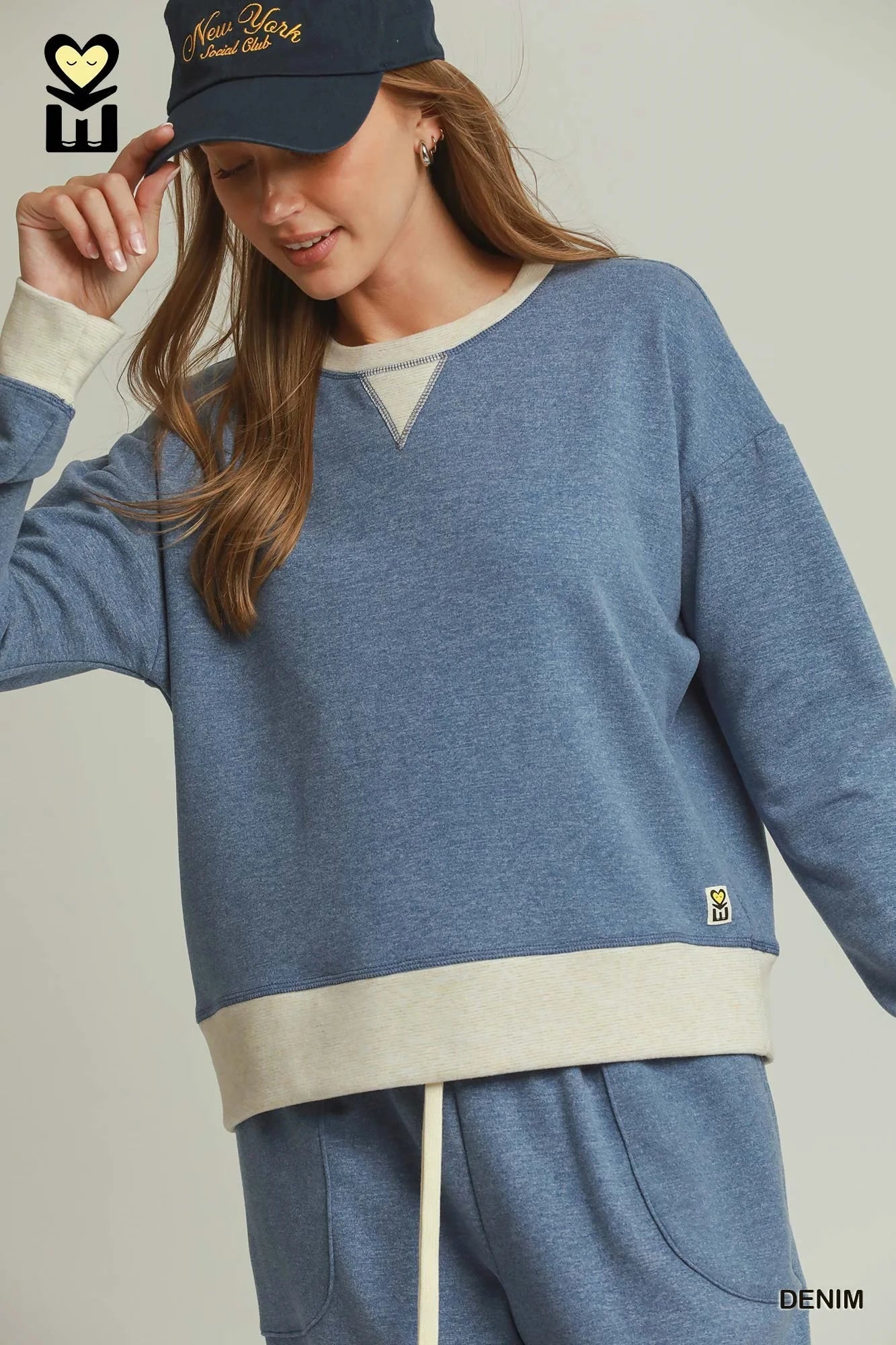 Umgee DreamPlush Fleece Contrast Banded Pullover in Denim