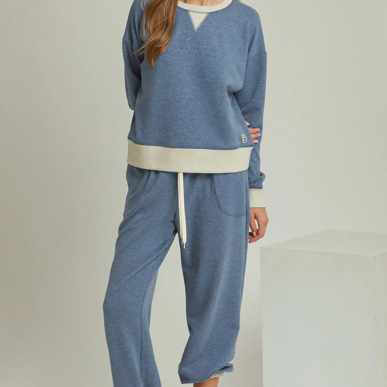 Umgee DreamPlush Fleece Contrast Banded Pullover in Denim
