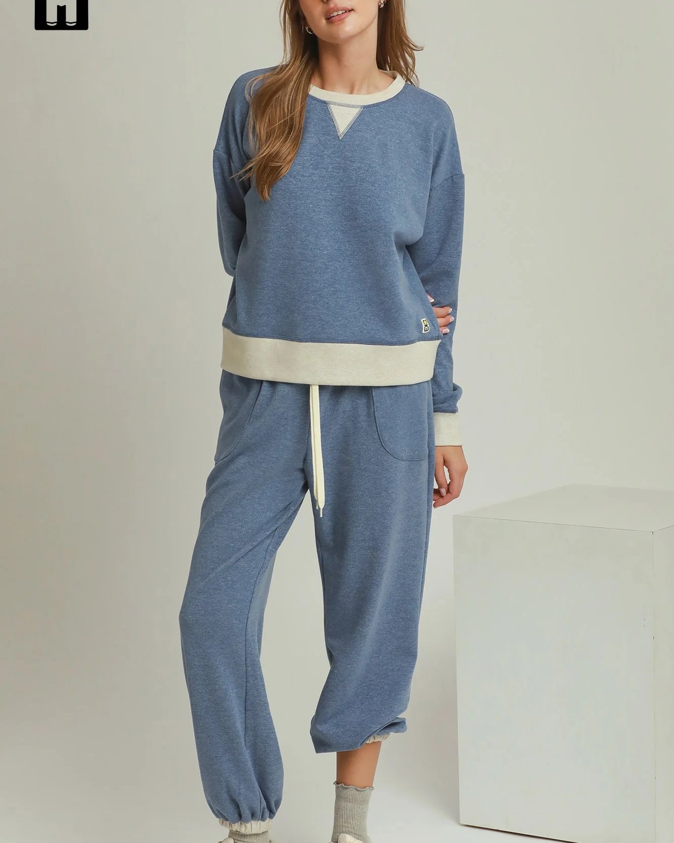 Umgee DreamPlush Fleece Contrast Banded Pullover in Denim