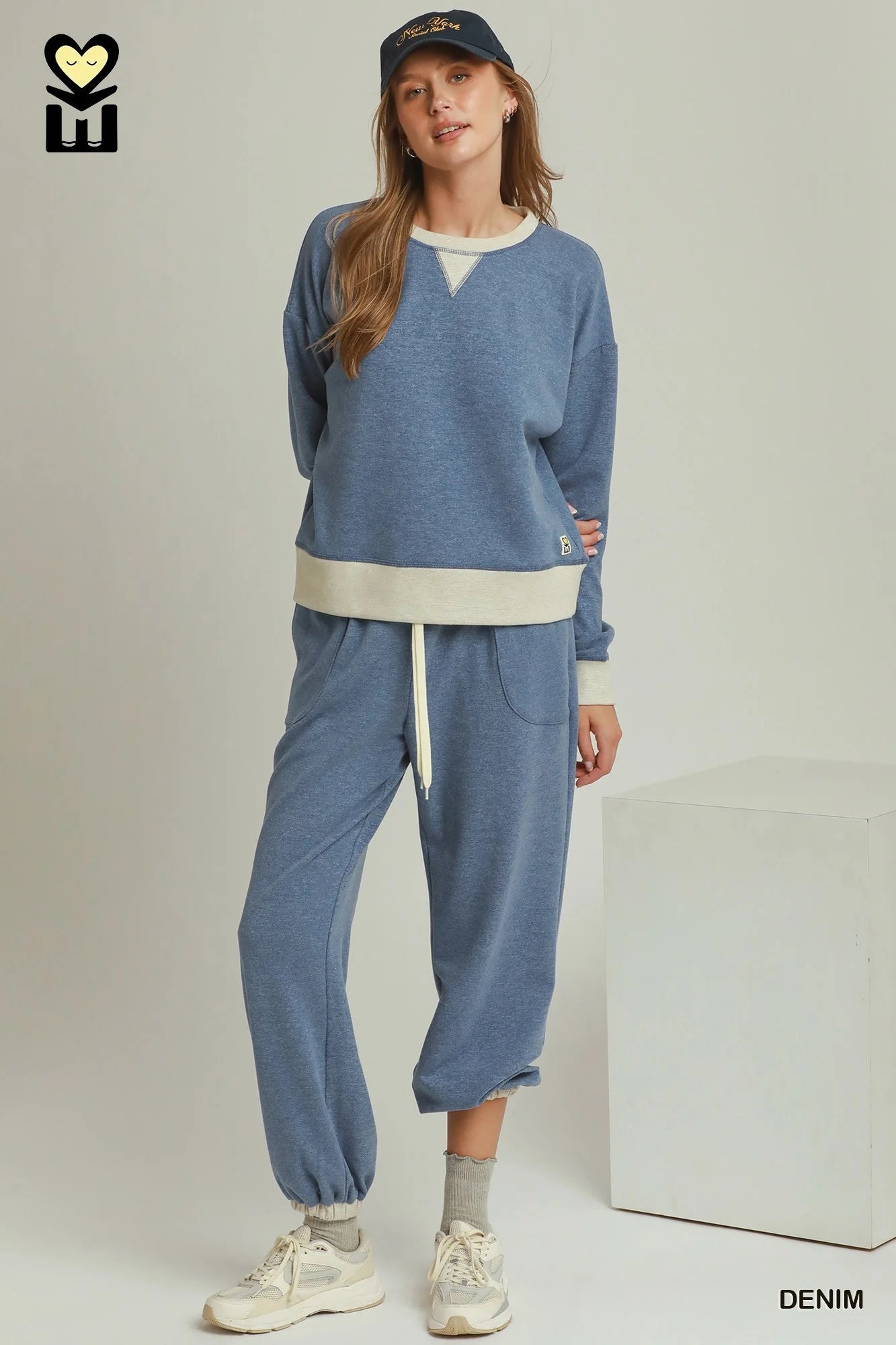 Umgee DreamPlush Fleece Contrast Banded Jogger Pants - Denim