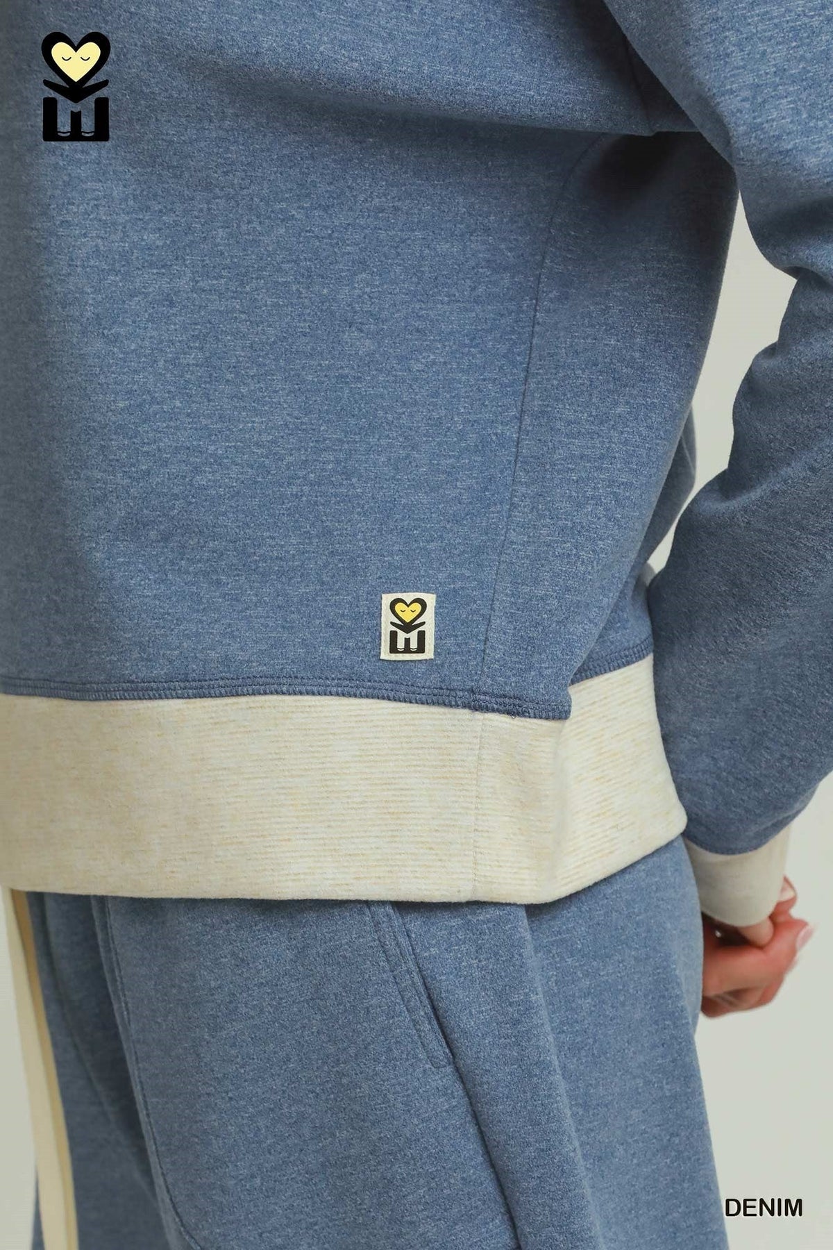 Umgee DreamPlush Fleece Contrast Banded Pullover in Denim