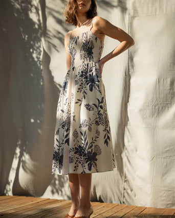 Strappy Smock Flower Mid-Dress
