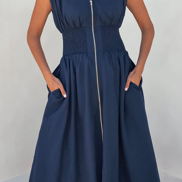 Solid Zip Up Front Midi Dress - Navy
