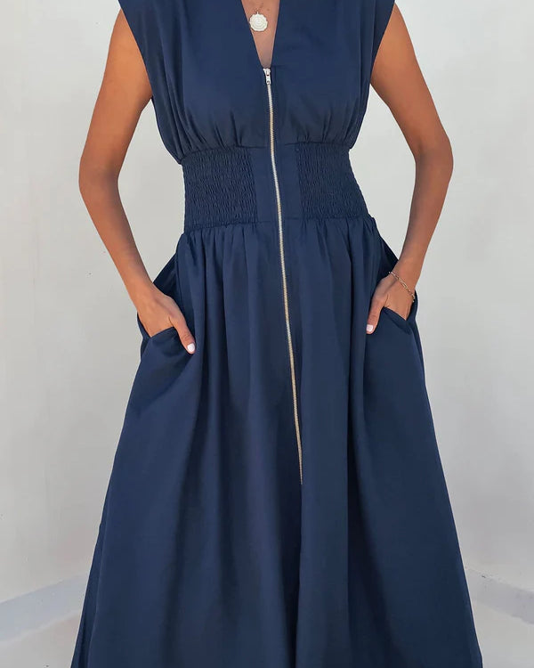 Solid Zip Up Front Midi Dress - Navy