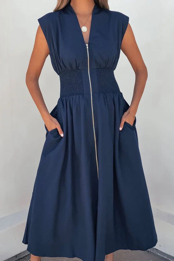 Solid Zip Up Front Midi Dress - Navy
