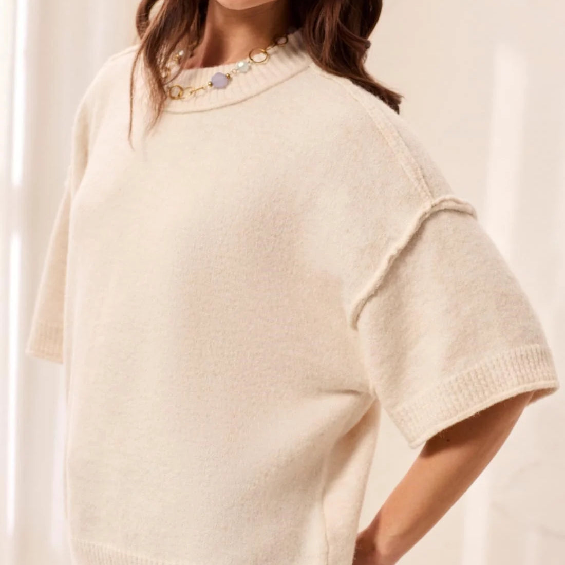 Aria Raw-Edge Relaxed Knit Elbow Sleeve Sweater