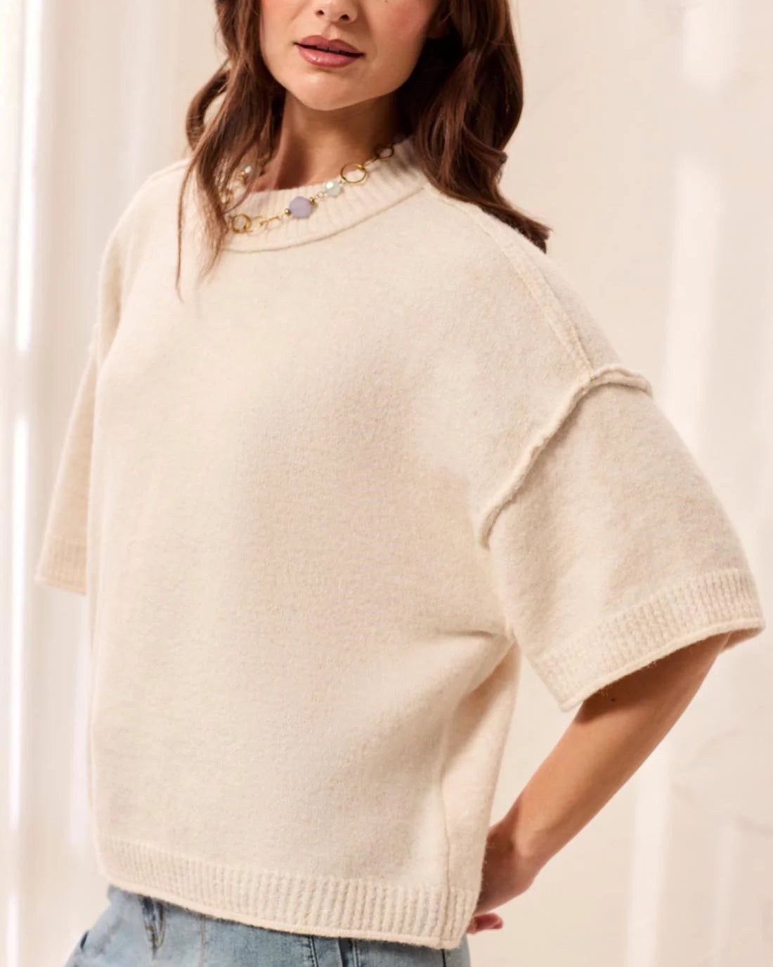 Aria Raw-Edge Relaxed Knit Elbow Sleeve Sweater