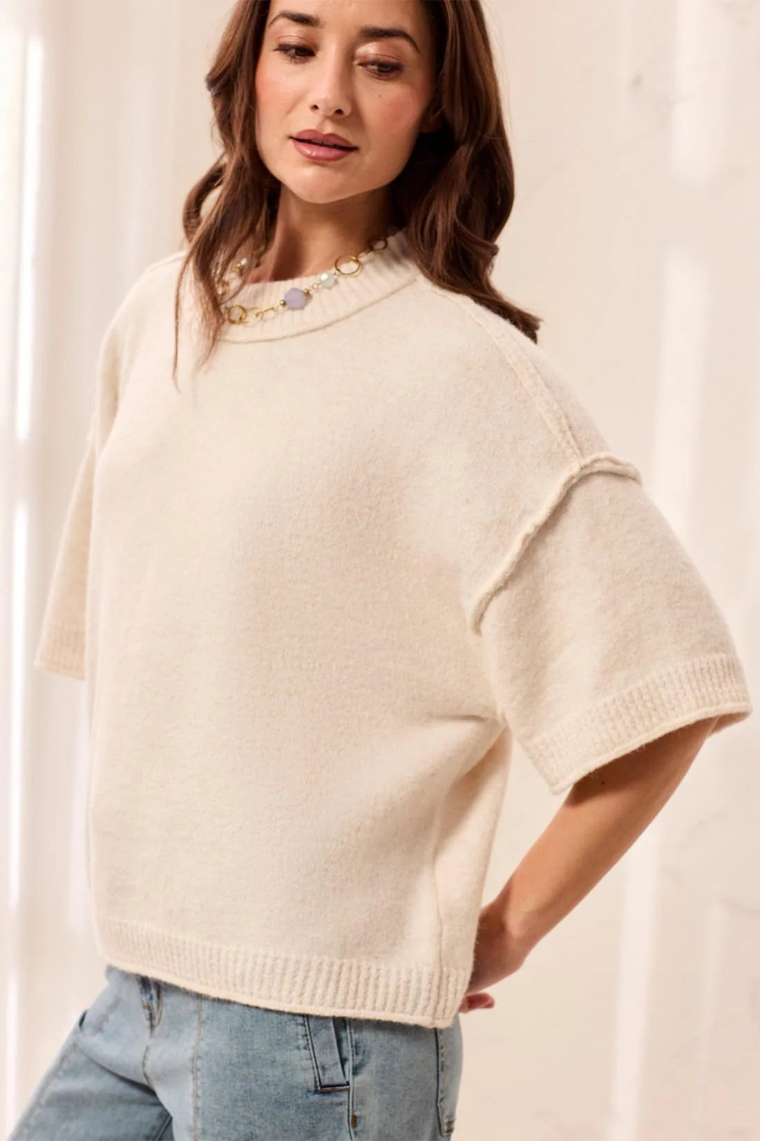 Aria Raw-Edge Relaxed Knit Elbow Sleeve Sweater