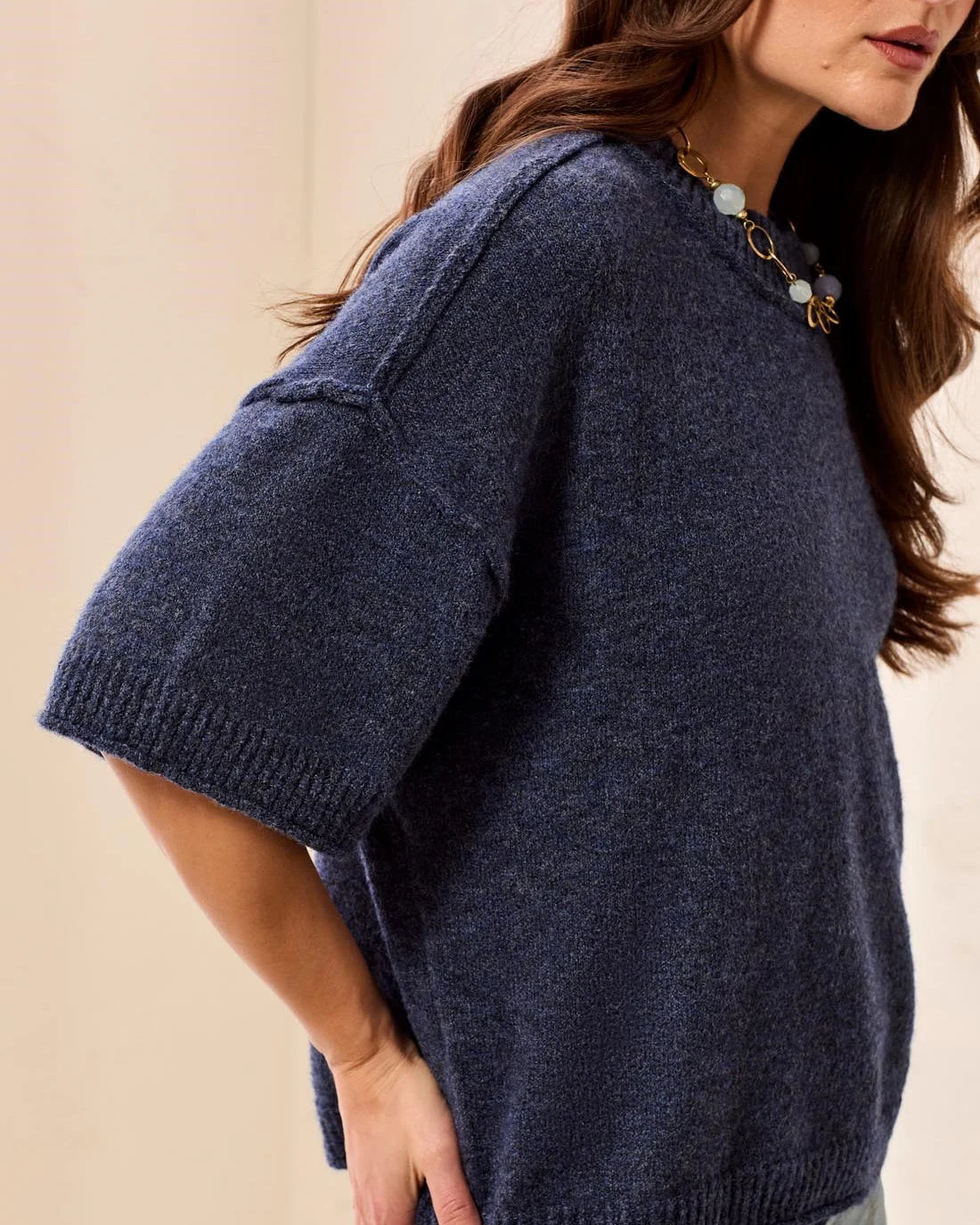 Aria Raw-Edge Relaxed Knit Elbow Sleeve Sweater