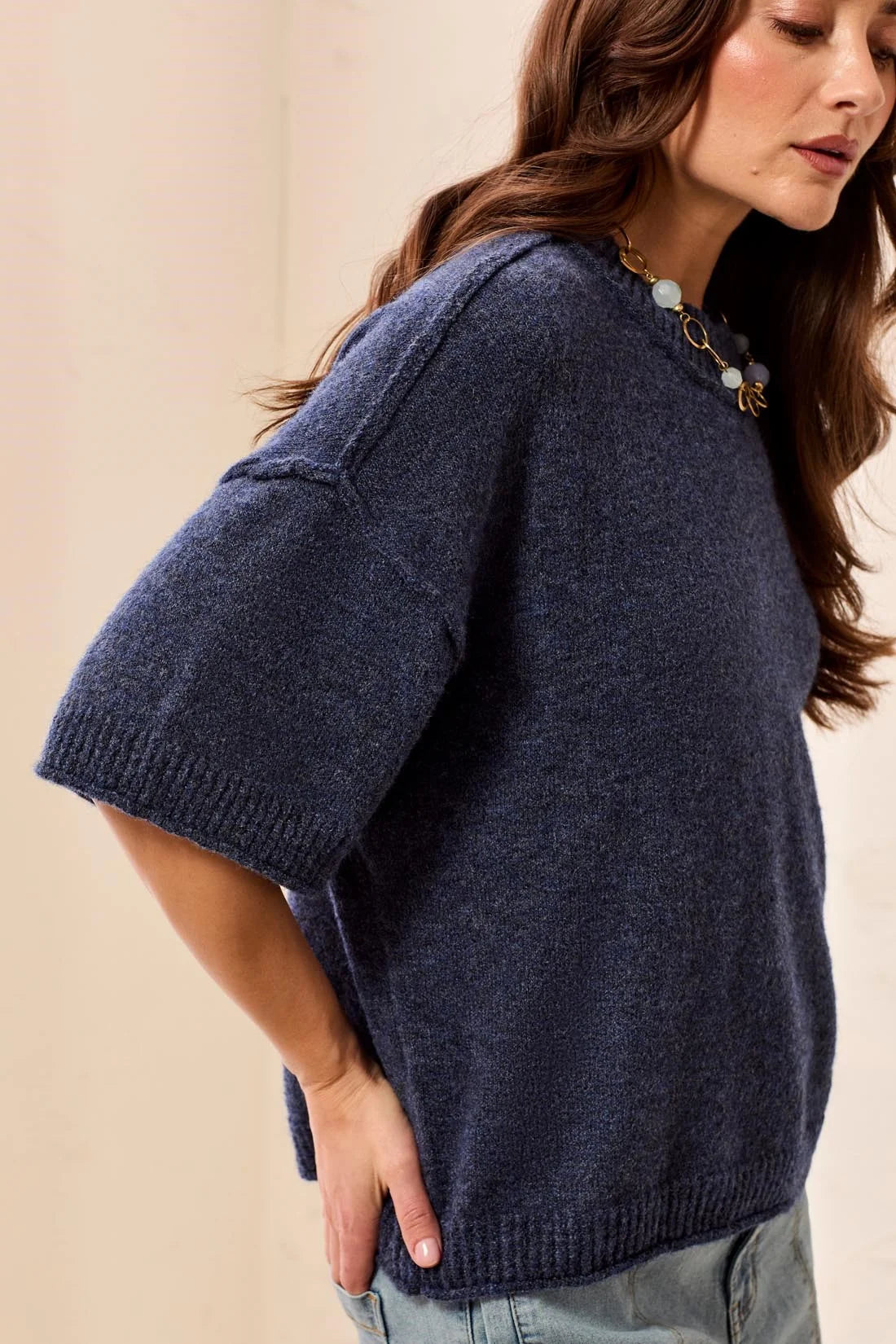 Aria Raw-Edge Relaxed Knit Elbow Sleeve Sweater