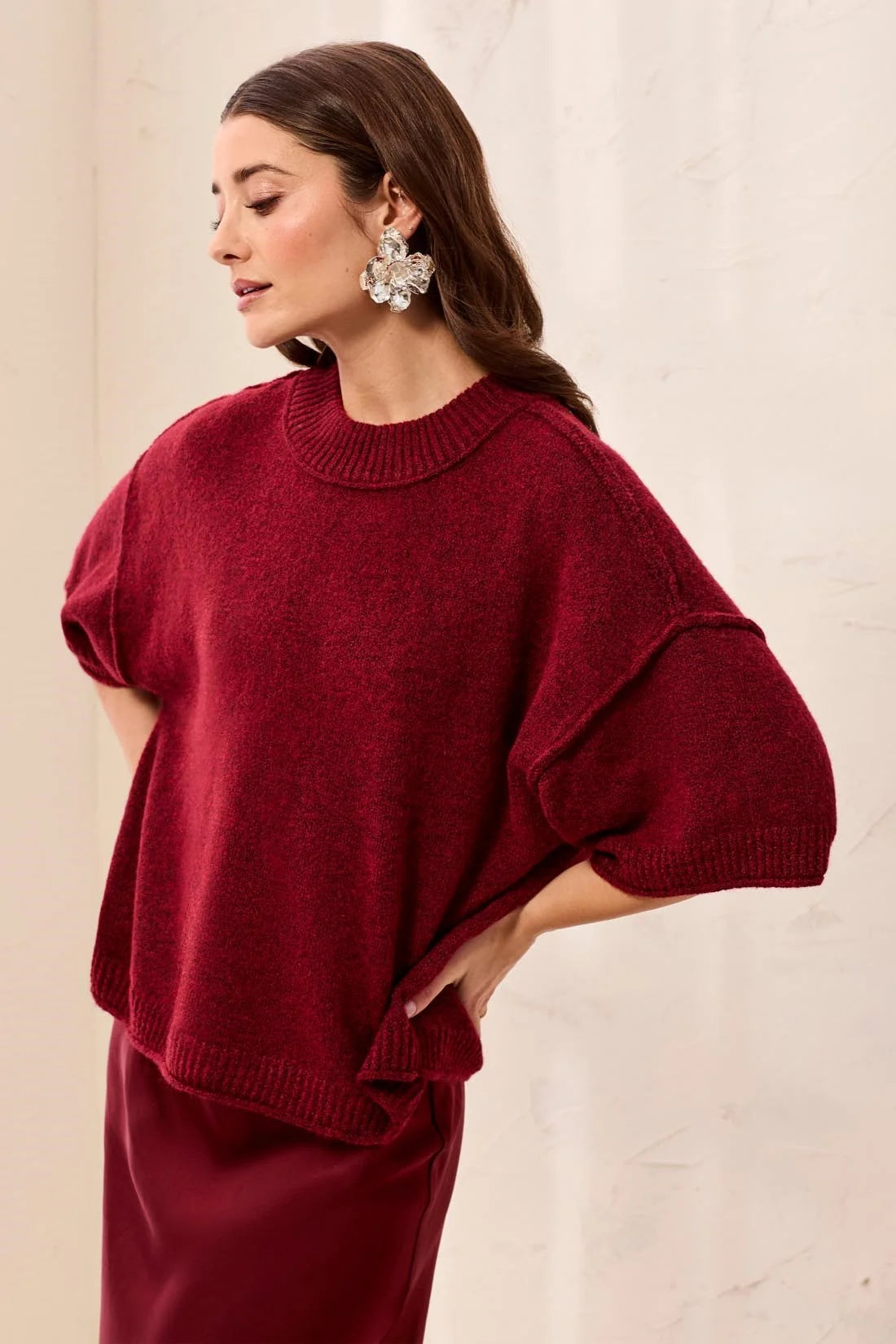 Aria Raw-Edge Relaxed Knit Elbow Sleeve Sweater