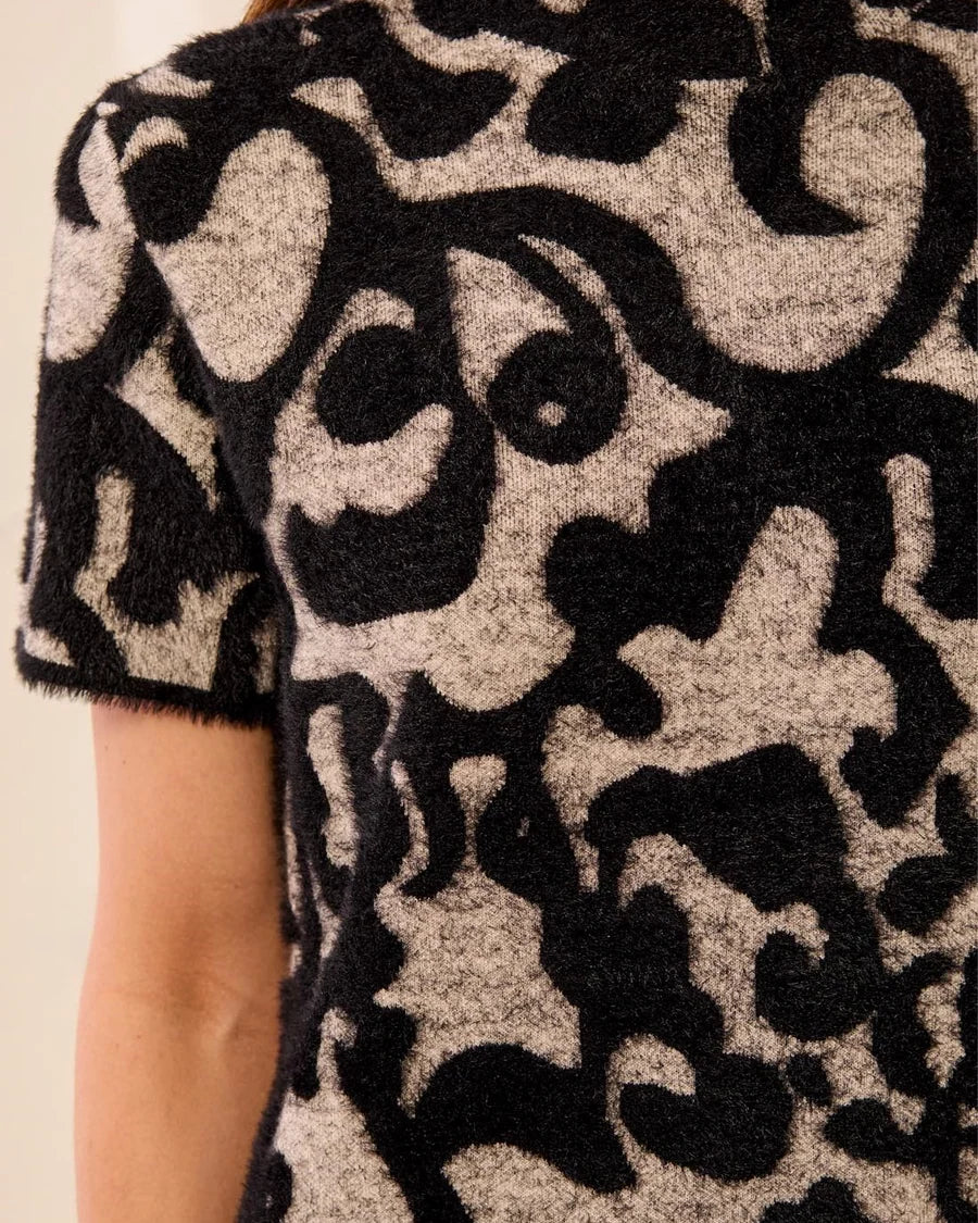 Tribal Eyelash Yarn Short Sleeve Mock Neck Sweater Dress