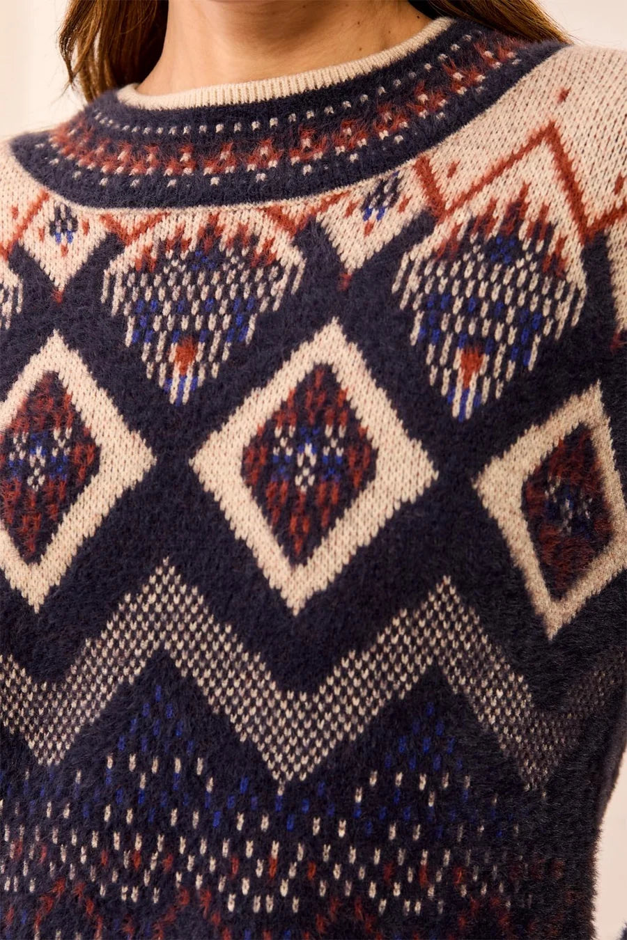 Cozy Fair Isle Eyelash Knit Mock Neck Sweater