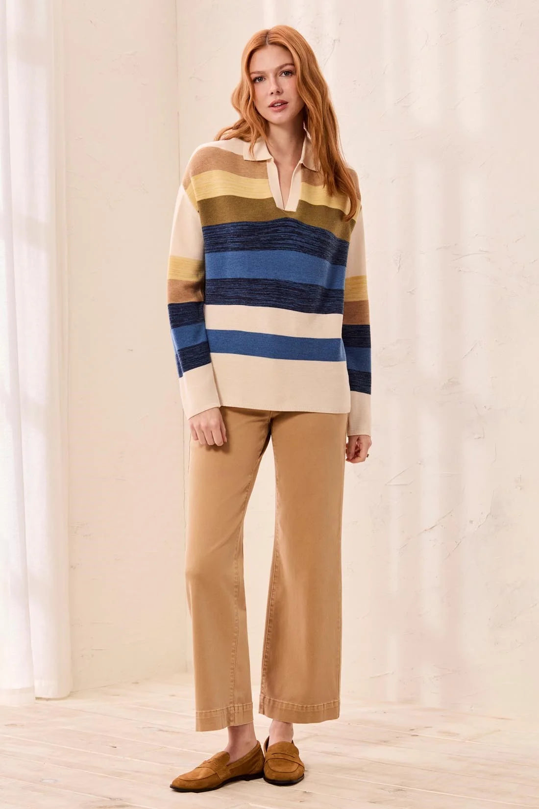 Coastal Canyon Striped Johnny Collar Knit Sweater