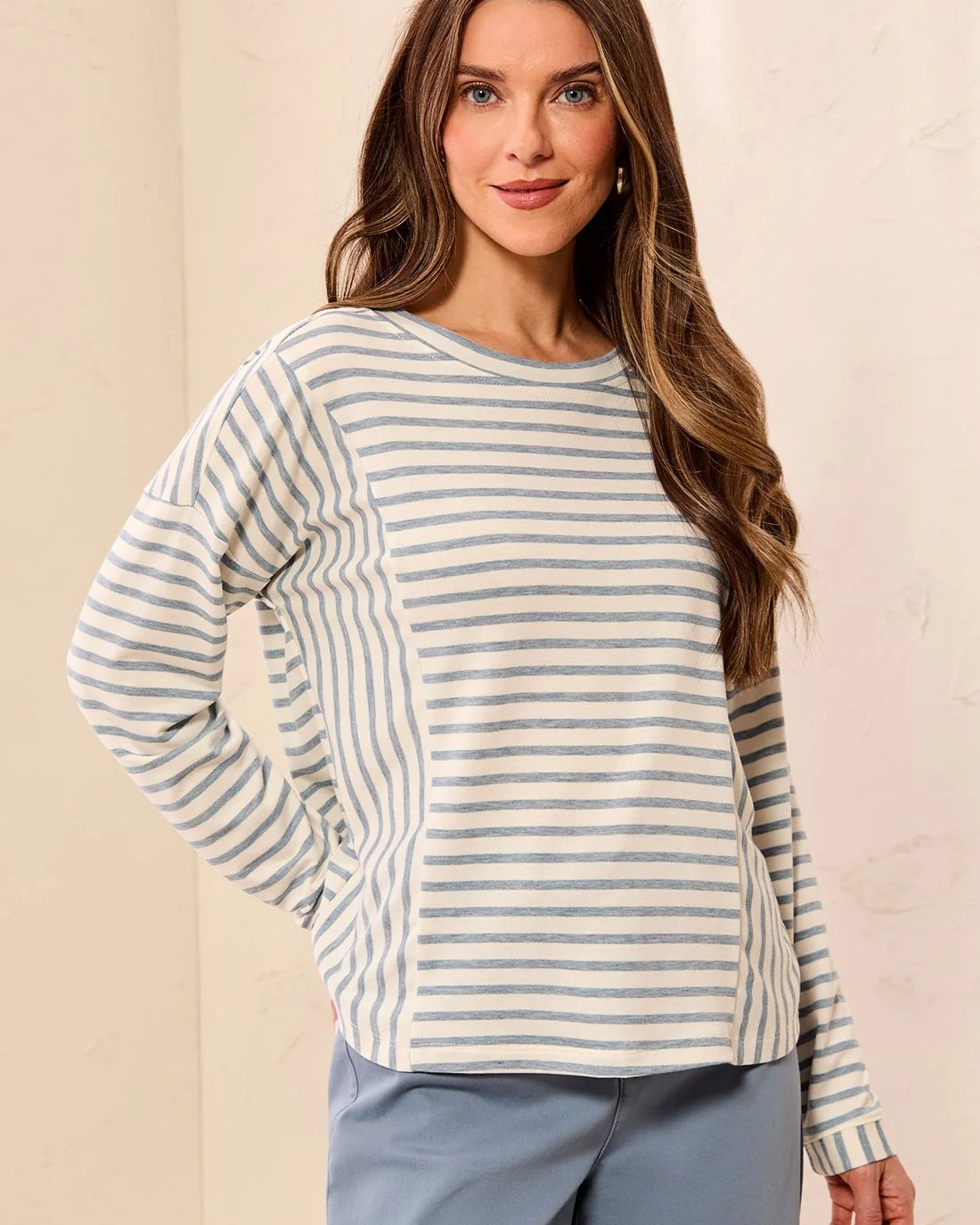 L/S CREW NECK TOP W/INSERTS-BLUE FOG