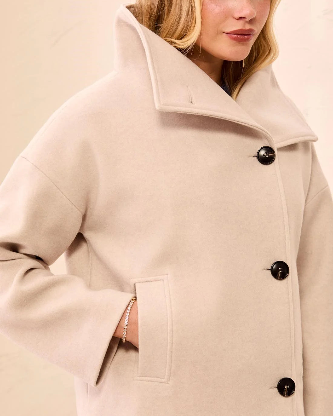 Tribal Lofty Knit Funnel Neck Button Front Jacket - Antique White