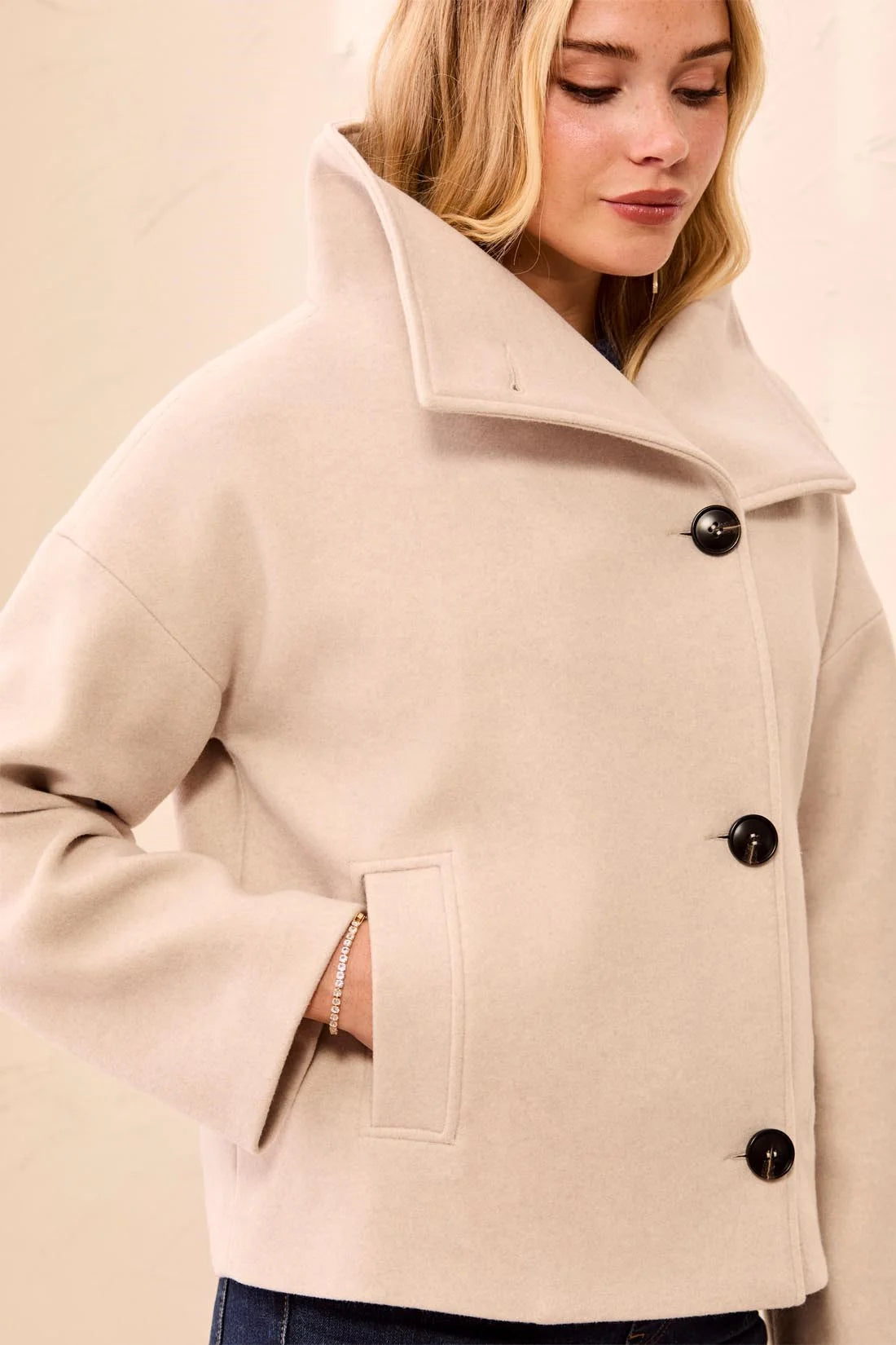 Lofty Knit Funnel Neck Button Front Jacket - Antique White