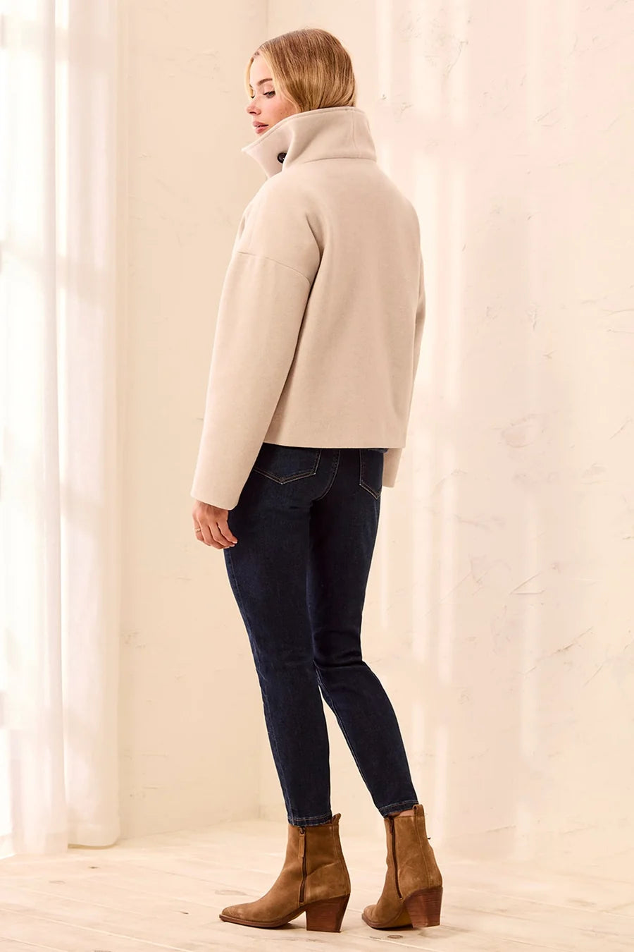 Lofty Knit Funnel Neck Button Front Jacket - Antique White