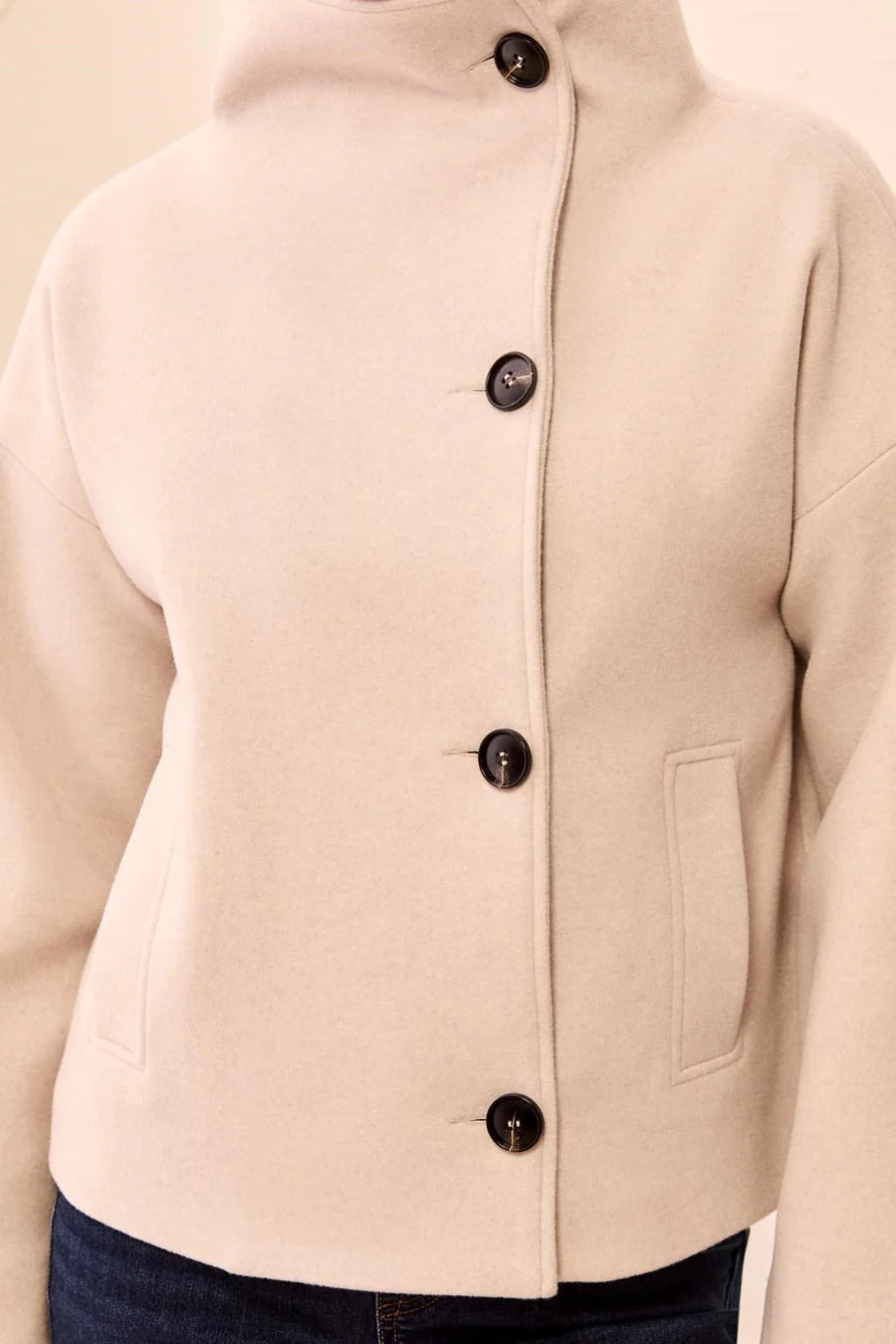 Lofty Knit Funnel Neck Button Front Jacket - Antique White