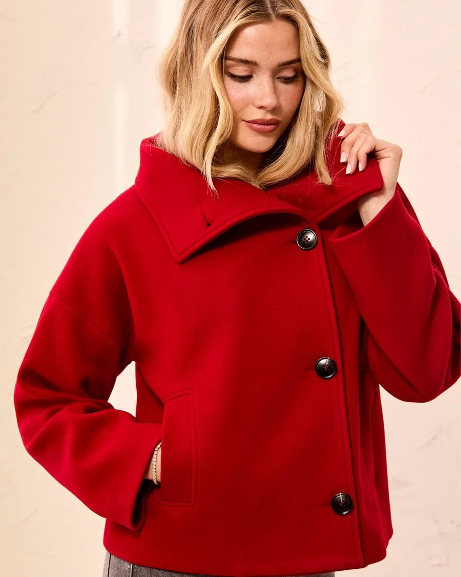 Tribal Lofty Knit Funnel Neck Button Front Jacket - Pinot