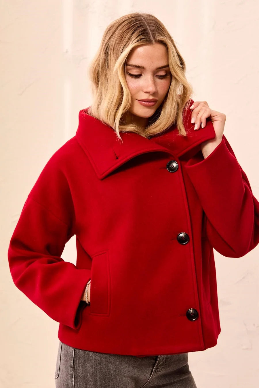 Lofty Knit Funnel Neck Button Front Jacket - Pinot