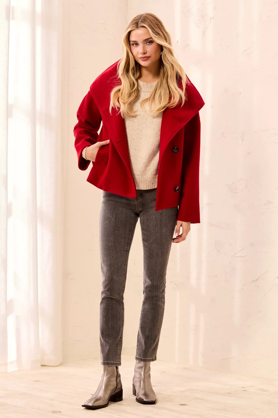Lofty Knit Funnel Neck Button Front Jacket - Pinot