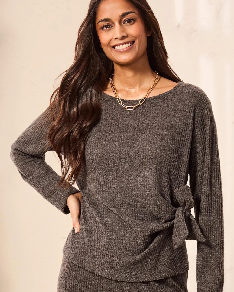Tribal Ribbed Knit Boat Neck Top With Side Bow-Tie Detail