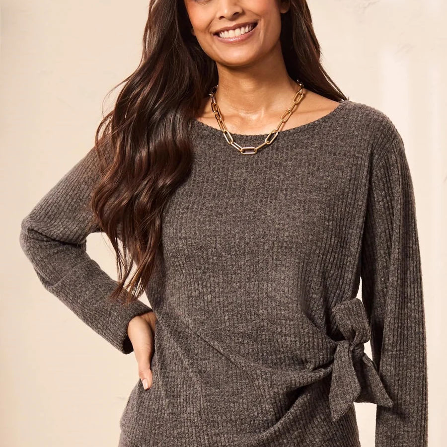 Ribbed Knit Boat Neck Top With Side Bow-Tie Detail