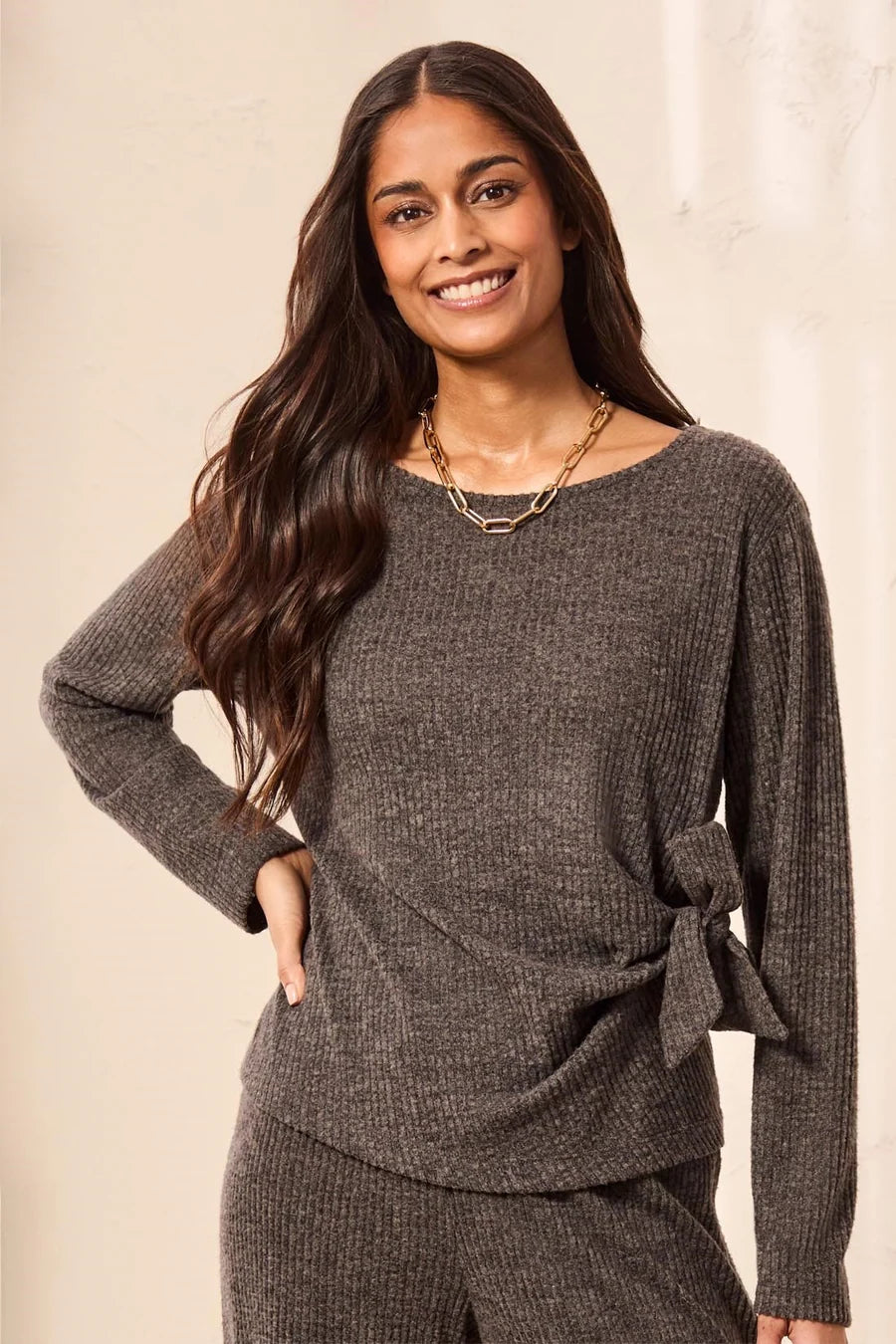 Ribbed Knit Boat Neck Top With Side Bow-Tie Detail
