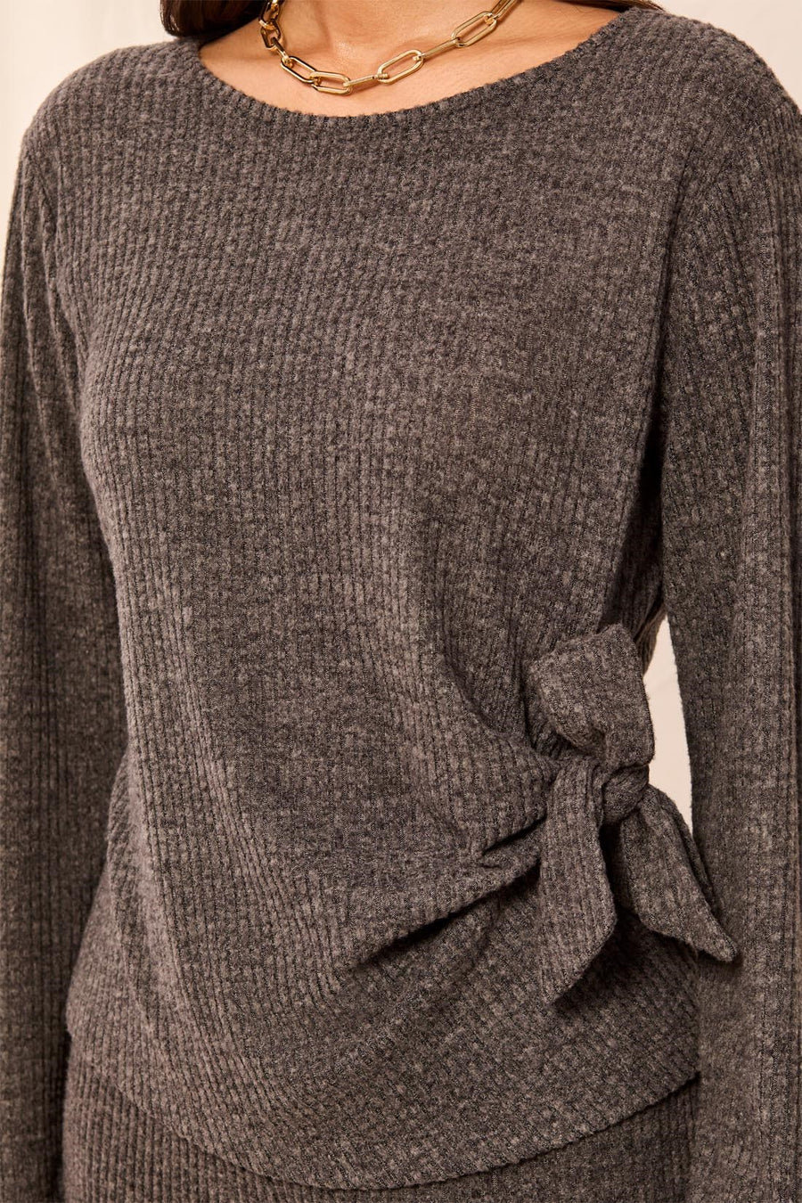 Ribbed Knit Boat Neck Top With Side Bow-Tie Detail