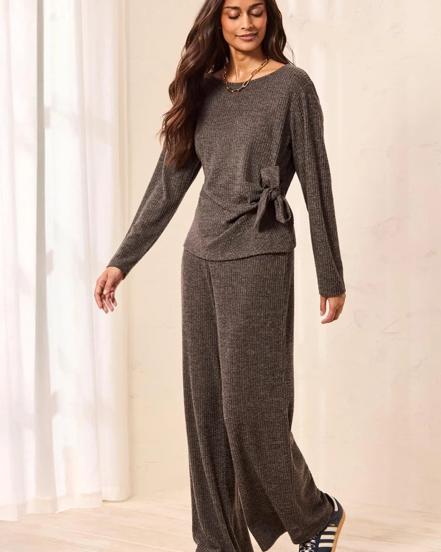 Tribal Ribbed Knit Boat Neck Top With Side Bow-Tie Detail