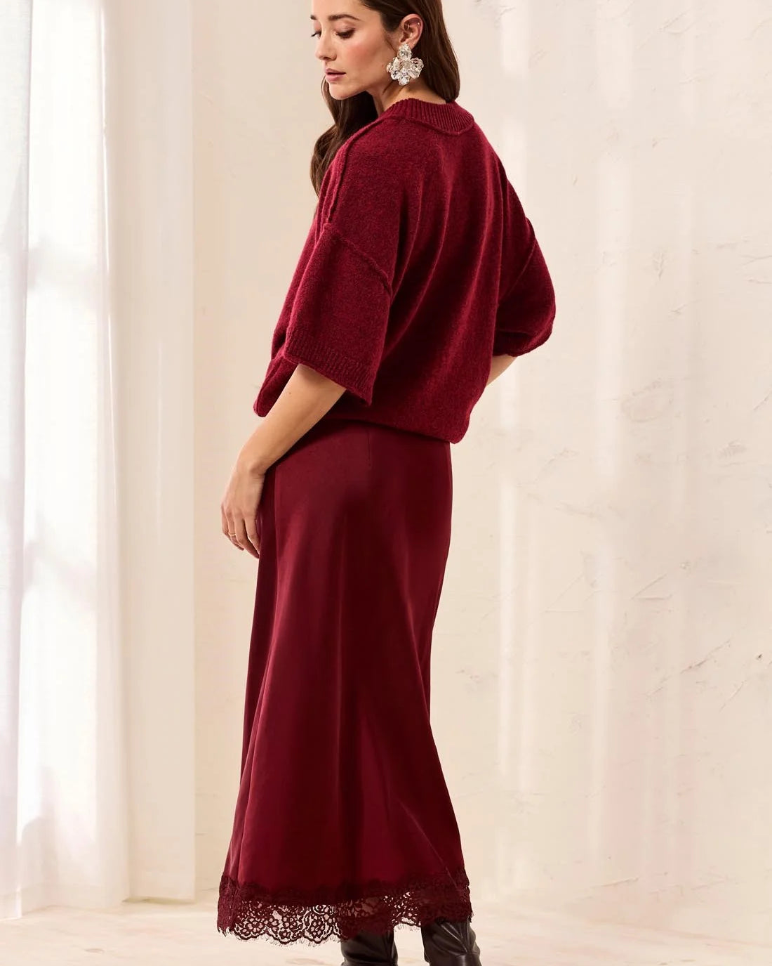 Luxe Lace-Trim Satin Midi Skirt