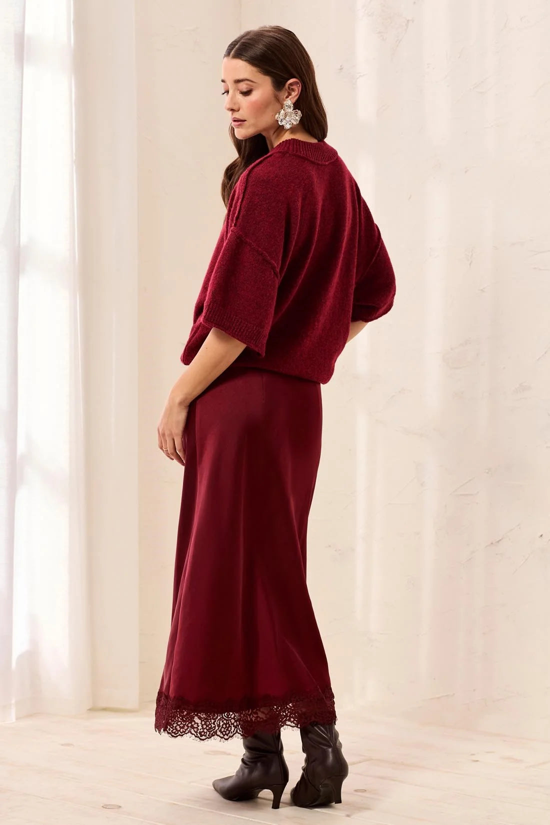Luxe Lace-Trim Satin Midi Skirt